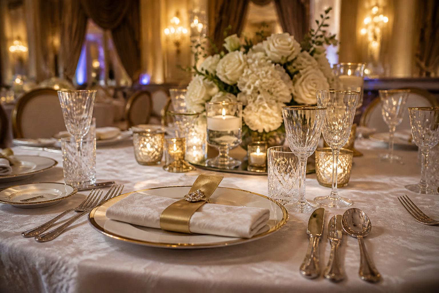 Mercerised cotton damask table cloths and dinner napkins on a luxury hotel banquet table